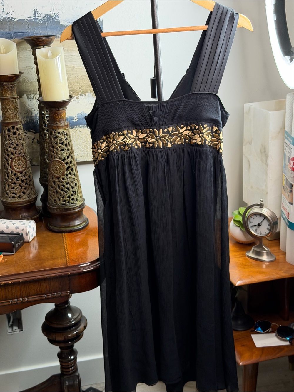 Banana Republic Silk Babydoll
Dress Womens 8 Black Empire
Waist Y2K Embroidered